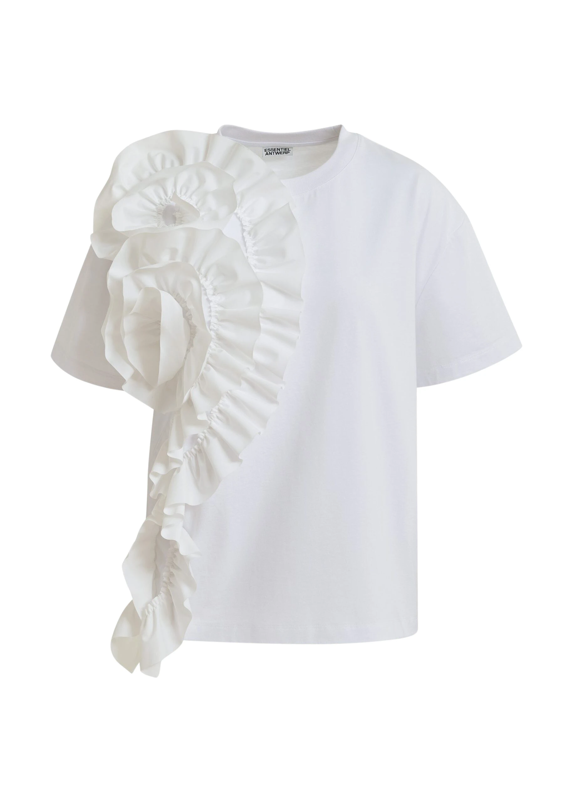 Essentiel Antwerp White cotton T-shirt with oversized floral ruffle detail Top