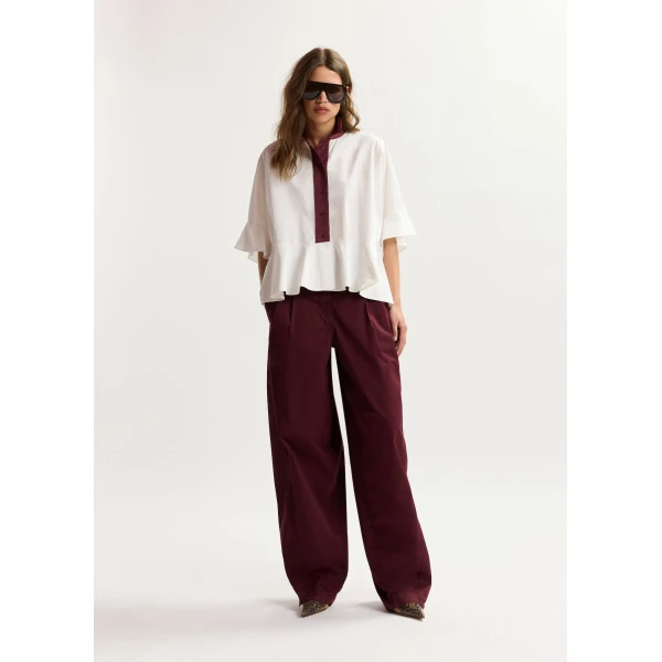 Essentiel Antwerp White cotton peplum shirt with burgundy contrast detailing, view 2