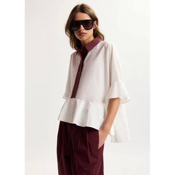 Essentiel Antwerp White cotton peplum shirt with burgundy contrast detailing, view 5