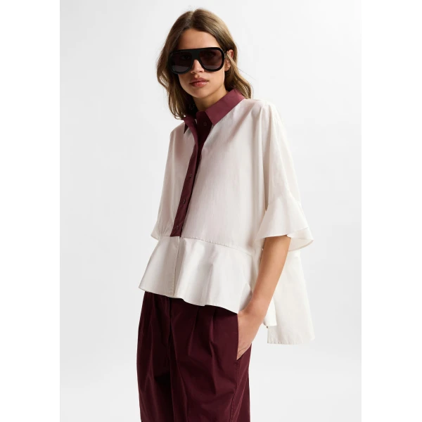 Essentiel Antwerp White cotton peplum shirt with burgundy contrast detailing, view 6