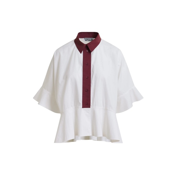 White cotton peplum shirt with burgundy contrast detailing