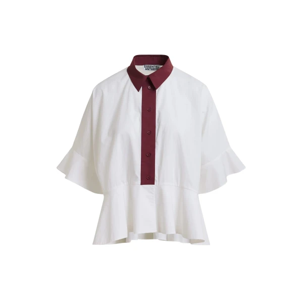 Essentiel Antwerp White cotton peplum shirt with burgundy contrast detailing