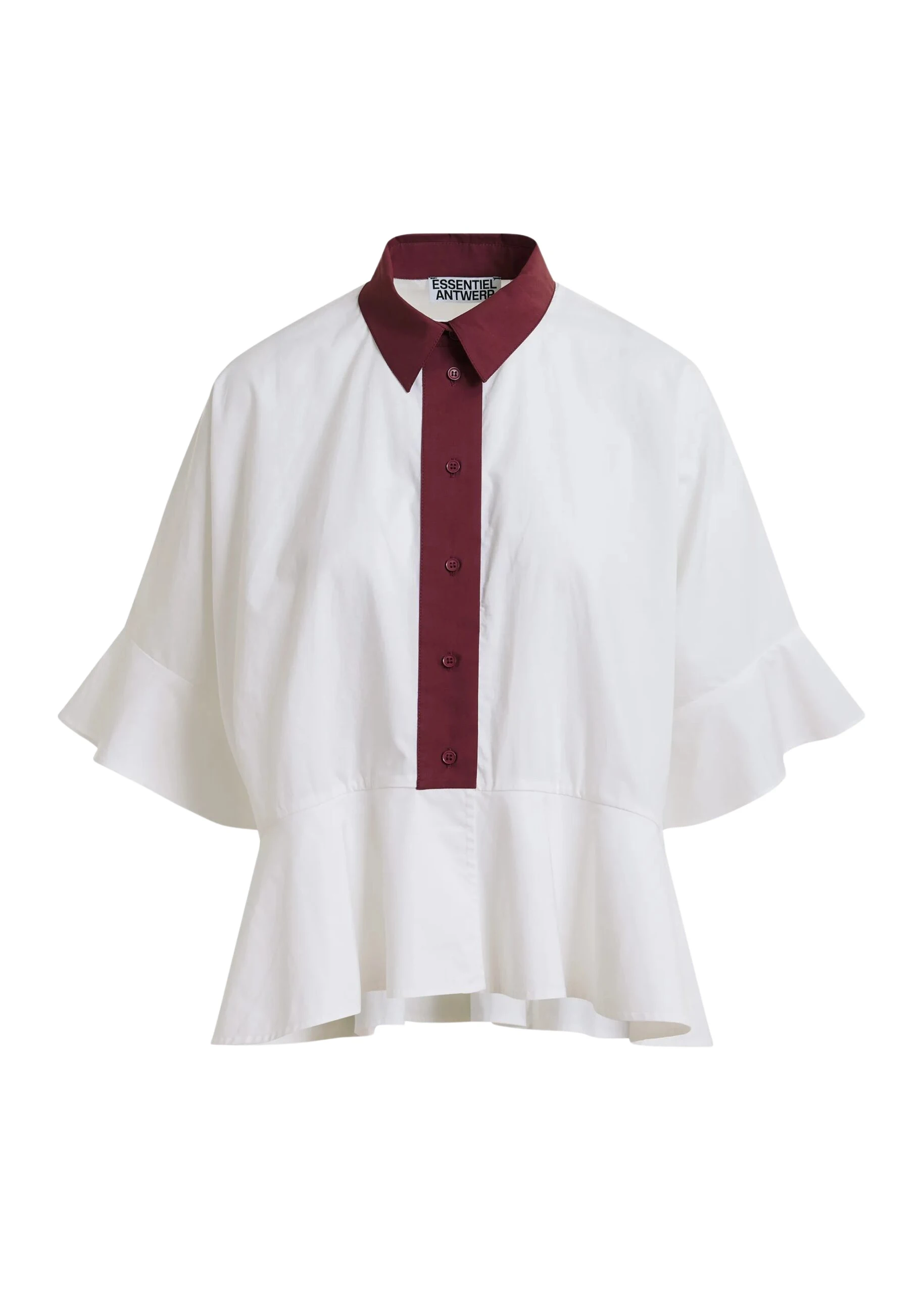 Essentiel Antwerp White cotton peplum shirt with burgundy contrast detailing