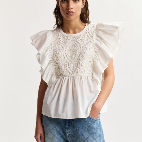 Essentiel Antwerp White cotton peplum top with lace-embroidered front and ruffled sleeves, view 2