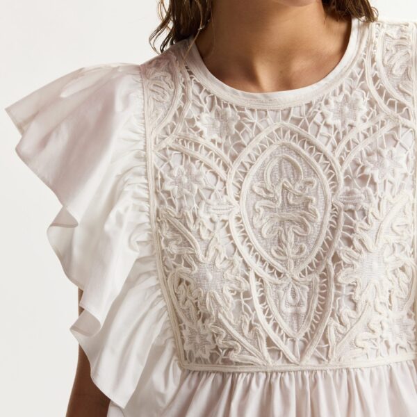 Essentiel Antwerp White cotton peplum top with lace-embroidered front and ruffled sleeves, view 3
