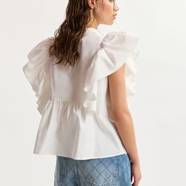 Essentiel Antwerp White cotton peplum top with lace-embroidered front and ruffled sleeves, view 4