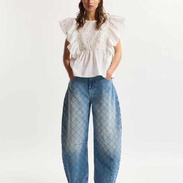Essentiel Antwerp White cotton peplum top with lace-embroidered front and ruffled sleeves, view 5