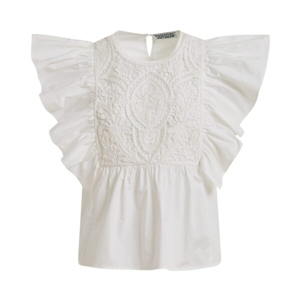 Essentiel Antwerp White cotton peplum top with lace-embroidered front and ruffled sleeves