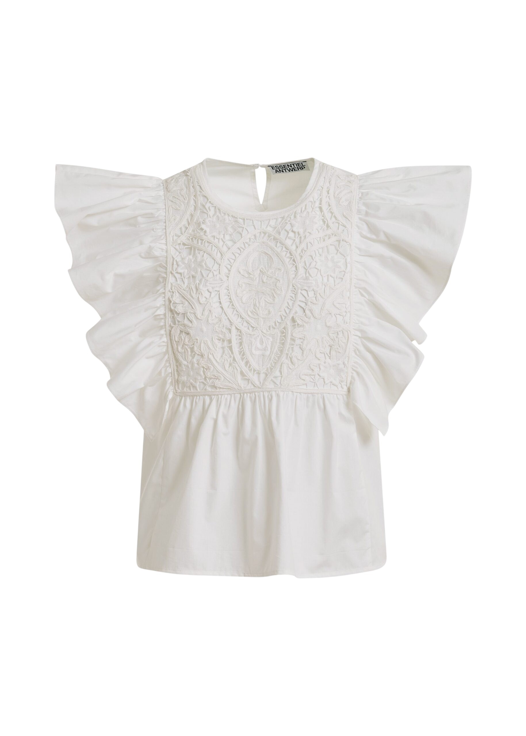 White cotton peplum top with lace-embroidered front and ruffled sleeves