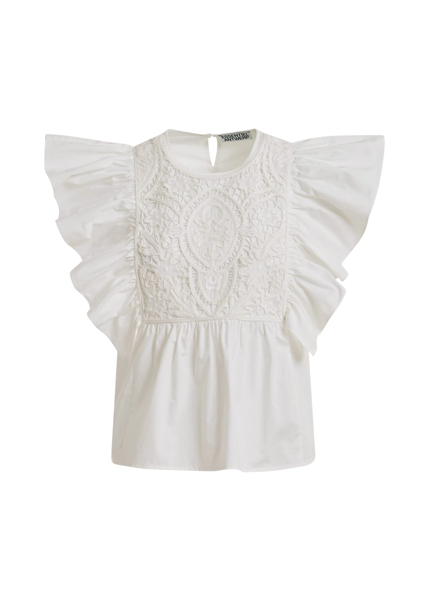 Essentiel Antwerp White cotton peplum top with lace-embroidered front and ruffled sleeves