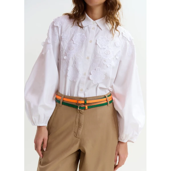 Essentiel Antwerp White cotton shirt with appliqué flowers, view 4