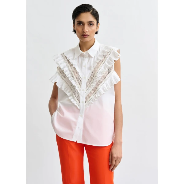 Essentiel Antwerp White embellished sleeveless cotton shirt with ruffle details, view 3