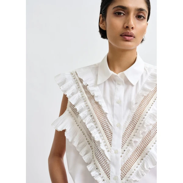 Essentiel Antwerp White embellished sleeveless cotton shirt with ruffle details, view 4