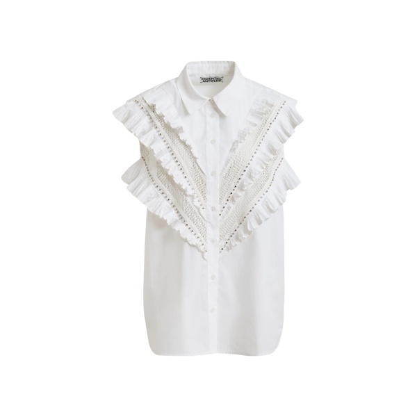 White embellished sleeveless cotton shirt with ruffle details
