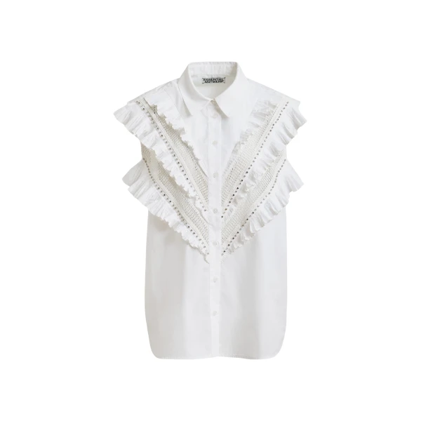 Essentiel Antwerp White embellished sleeveless cotton shirt with ruffle details