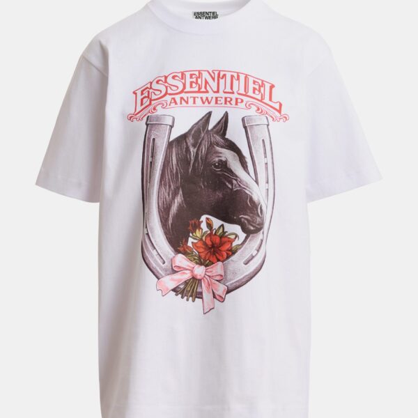 Essentiel Antwerp White, grey and red horseshoe and horse head oversized T-shirt, Year of the Horse online-exclusive Top, view 4