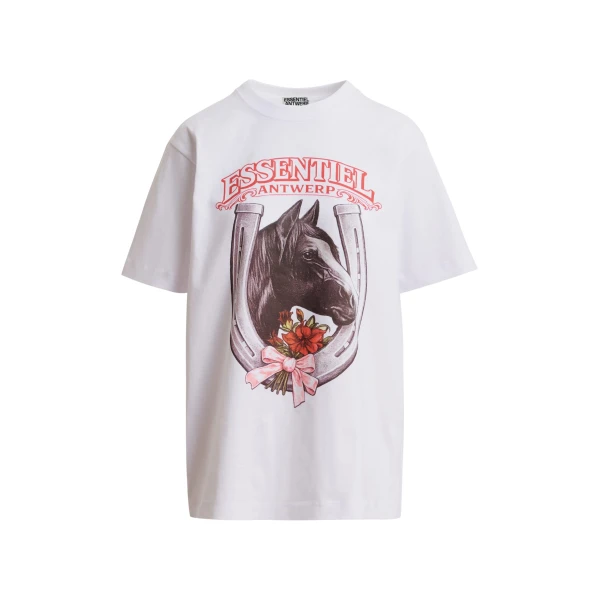 Essentiel Antwerp White, grey and red horseshoe and horse head oversized T-shirt, Year of the Horse online-exclusive Top
