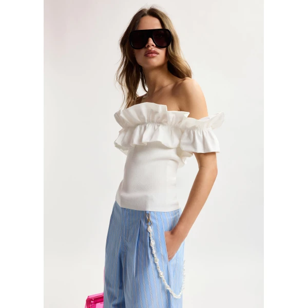 Essentiel Antwerp White off-shoulder knit top with ruffle trim, view 2