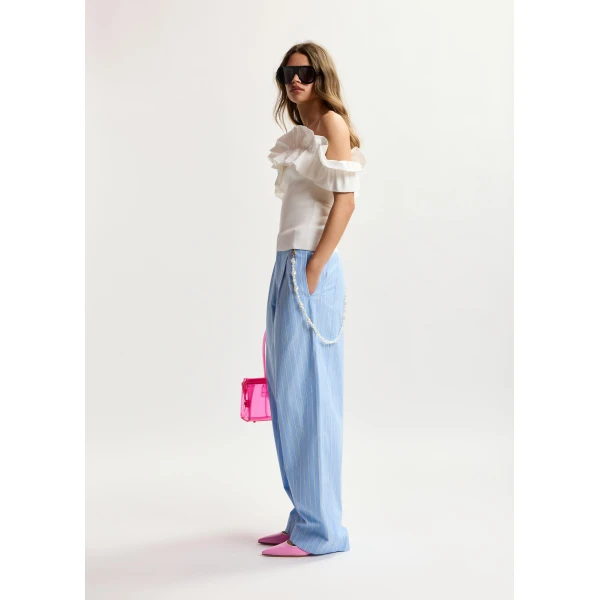 Essentiel Antwerp White off-shoulder knit top with ruffle trim, view 3