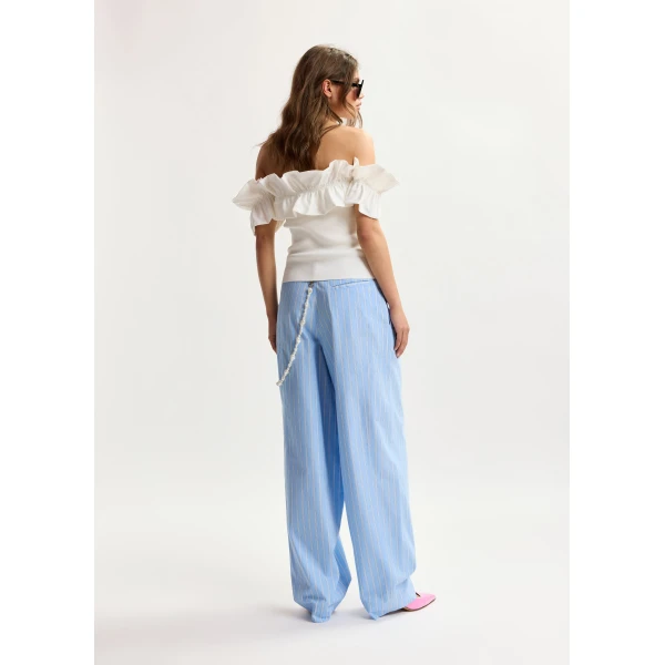 Essentiel Antwerp White off-shoulder knit top with ruffle trim, view 4