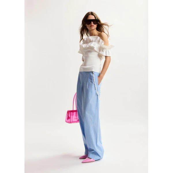Essentiel Antwerp White off-shoulder knit top with ruffle trim, view 5