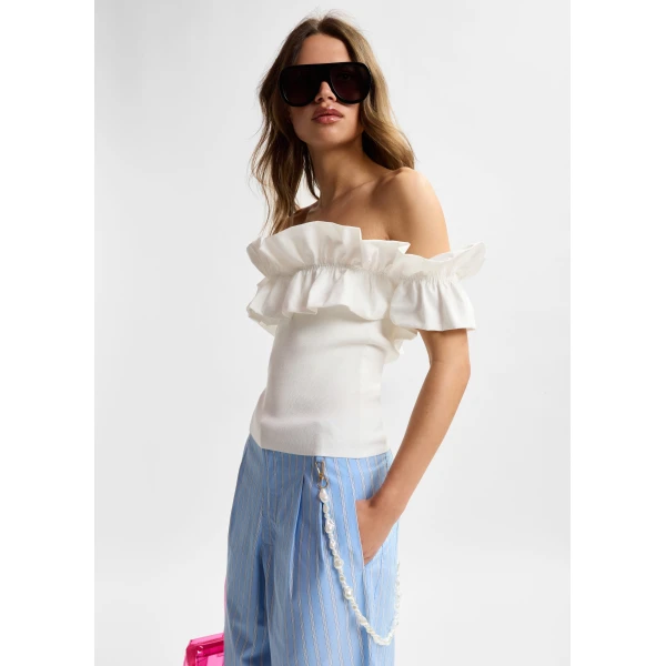 Essentiel Antwerp White off-shoulder knit top with ruffle trim, view 6