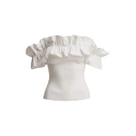 Essentiel Antwerp White off-shoulder knit top with ruffle trim