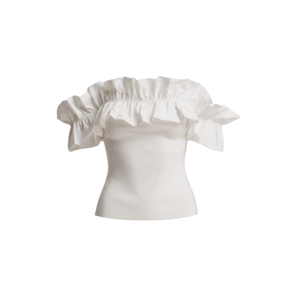 Essentiel Antwerp White off-shoulder knit top with ruffle trim