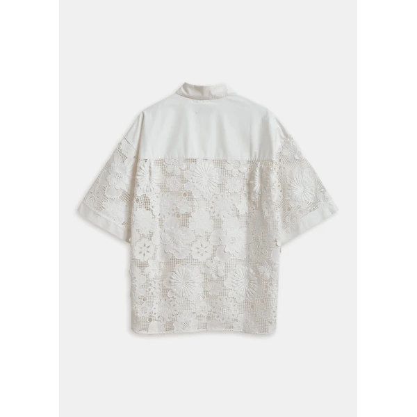 Essentiel Antwerp White oversized cotton short-sleeve shirt with lace inserts, view 2