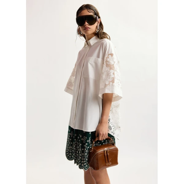 Essentiel Antwerp White oversized cotton short-sleeve shirt with lace inserts, view 4
