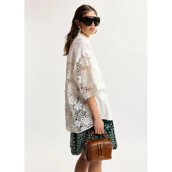 Essentiel Antwerp White oversized cotton short-sleeve shirt with lace inserts, view 5