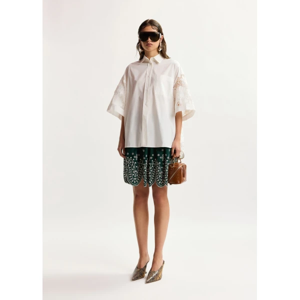 Essentiel Antwerp White oversized cotton short-sleeve shirt with lace inserts, view 6