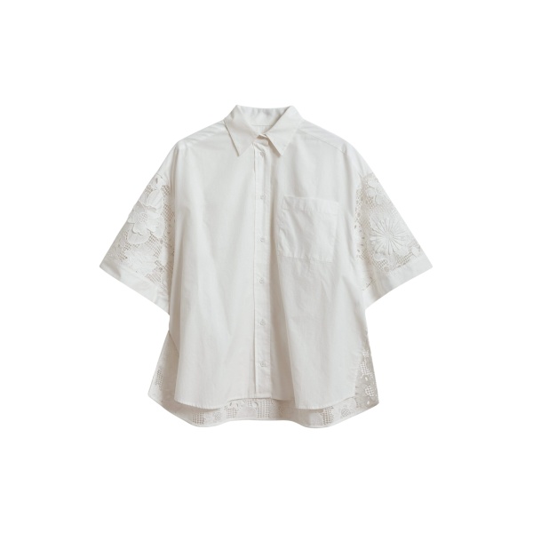 White oversized cotton short-sleeve shirt with lace inserts