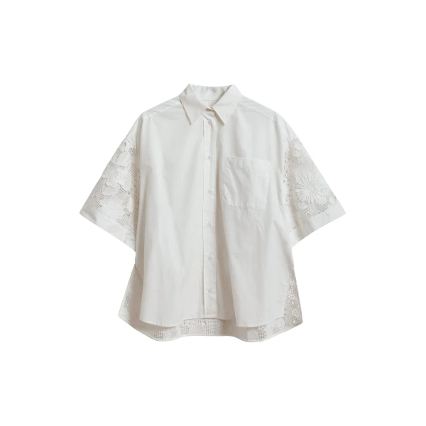 Essentiel Antwerp White oversized cotton short-sleeve shirt with lace inserts
