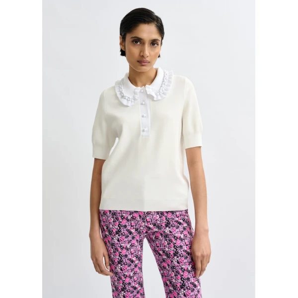 Essentiel Antwerp White ruffle fine-knit polo top with bead embellishments, view 2