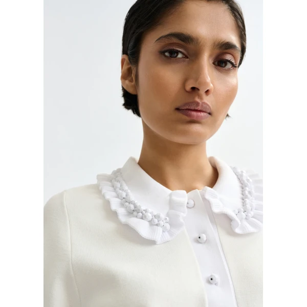 Essentiel Antwerp White ruffle fine-knit polo top with bead embellishments, view 3