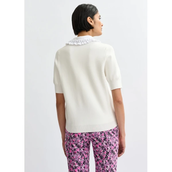 Essentiel Antwerp White ruffle fine-knit polo top with bead embellishments, view 4