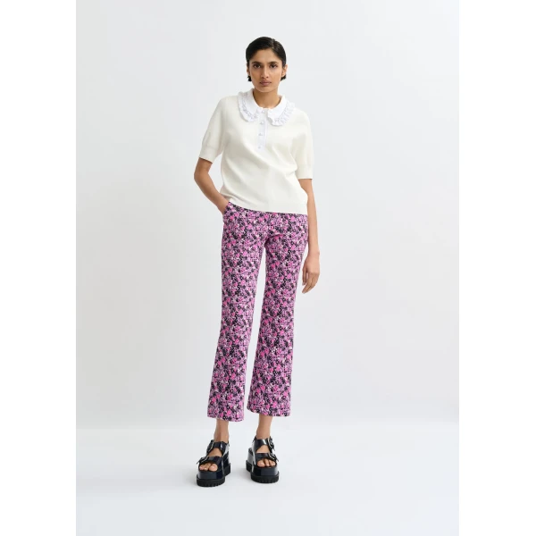 Essentiel Antwerp White ruffle fine-knit polo top with bead embellishments, view 5