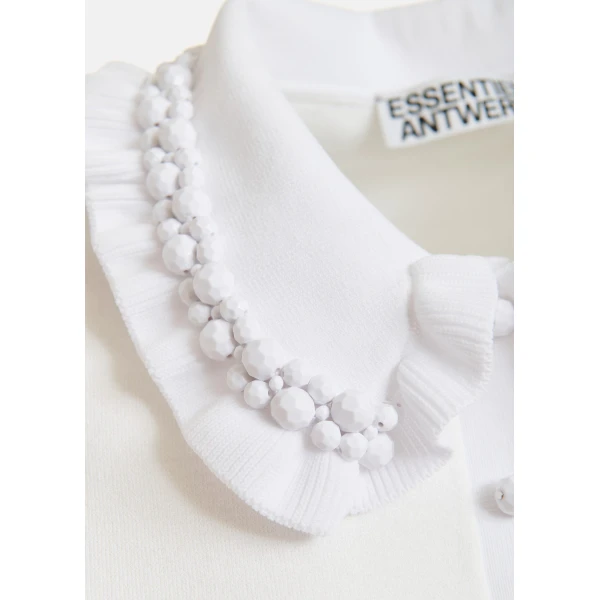 Essentiel Antwerp White ruffle fine-knit polo top with bead embellishments, view 6