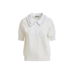 Essentiel Antwerp White ruffle fine-knit polo top with bead embellishments