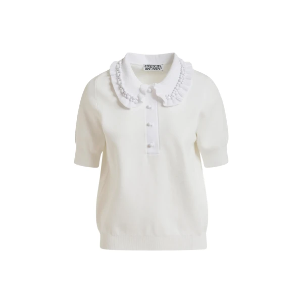 Essentiel Antwerp White ruffle fine-knit polo top with bead embellishments