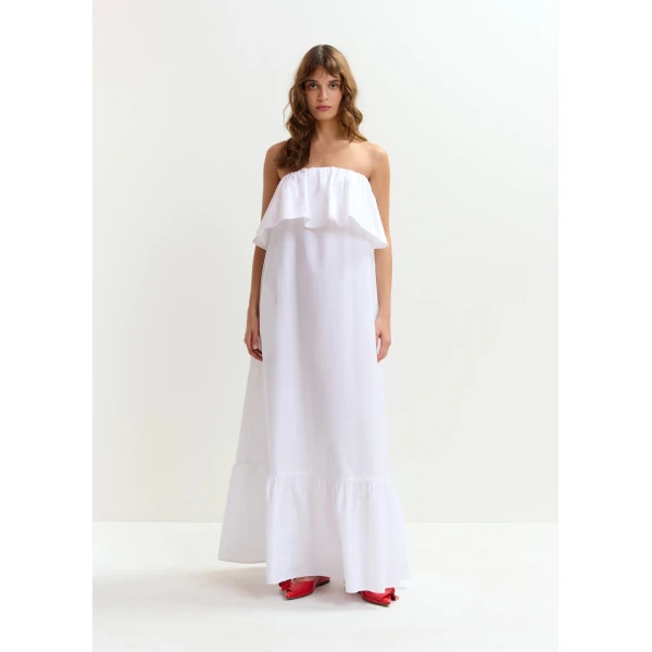 Essentiel Antwerp White strapless cotton maxi dress with ruffles, view 3