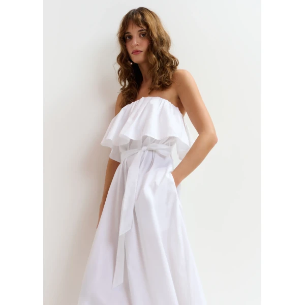 Essentiel Antwerp White strapless cotton maxi dress with ruffles, view 4