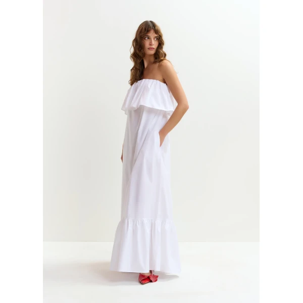 Essentiel Antwerp White strapless cotton maxi dress with ruffles, view 5