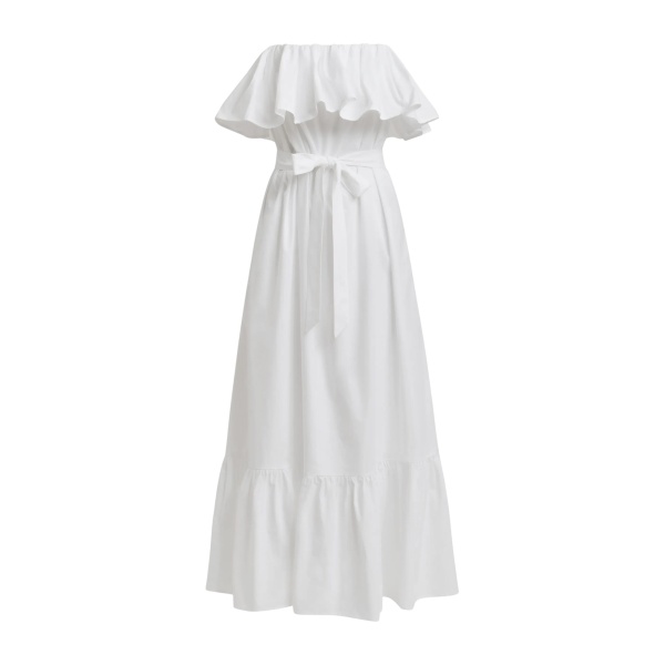 White strapless cotton maxi dress with ruffles