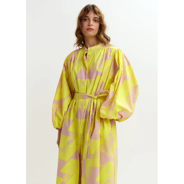 Essentiel Antwerp Yellow and brown knee-length shirt dress with mandarin collar, view 6