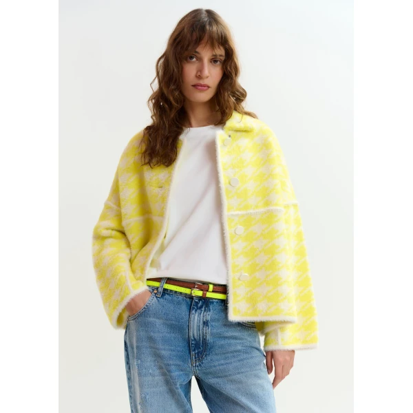 Essentiel Antwerp Yellow and off-white houndstooth knit cardigan, view 2