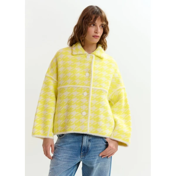 Essentiel Antwerp Yellow and off-white houndstooth knit cardigan, view 3