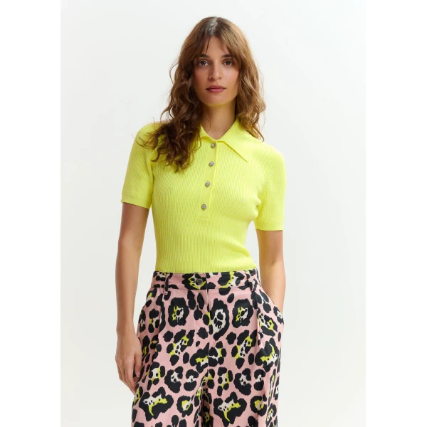 Essentiel Antwerp Yellow cotton-blend ribbed polo with rhinestone-encrusted buttons Top, view 3