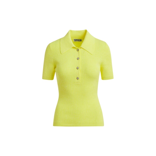 Yellow cotton-blend ribbed polo with rhinestone-encrusted buttons
